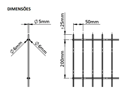 Diagrama de dimensões da Vedação Arame Duplo 6/5/6